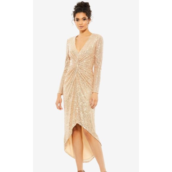 Ienna For Mac Duggal Sequin Long Sleeve High-Low Cocktail Dress Size 0 Gold - Picture 1 of 14